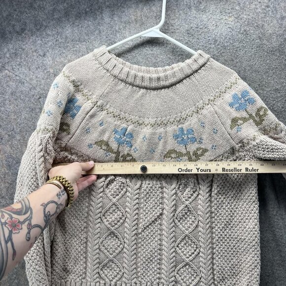 LL Bean Signature Sweater Womens XL Beige Floral Cable Knit Cotton Pullover - Picture 6 of 13